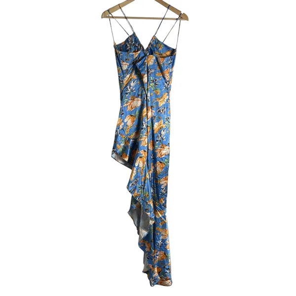 Nookie Simone Blue Floral Satin Asymmetrical Ruffled Cut Out Cocktail Dress L - Image 16