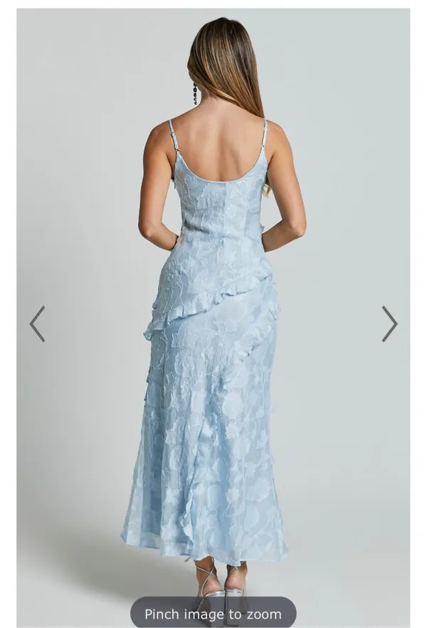 Showpo Michaela Midi Dress Jacquard Ruffle Tiered Light Blue - Image 3
