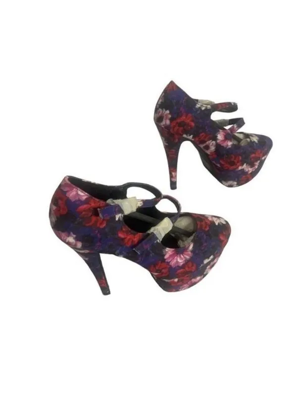 Qupid Womens Floral Platform Heels Blue Suede Strappy Pumps Size 6 - Image 5