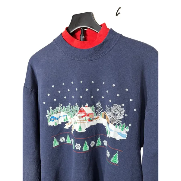 J. Macinallys Womens Navy Blue Winter Village‎ Graphic Sweatshirt Mock Neck L - Image 2