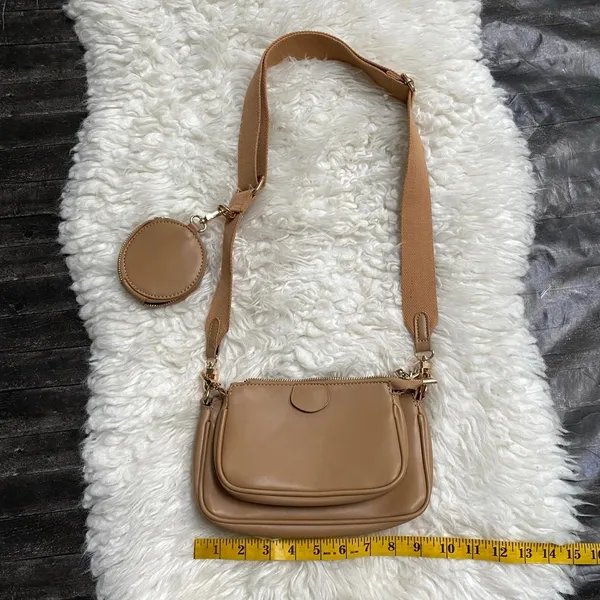 Tan Faux Leather Shoulder Bag Set With Coin Purse Adjustable Strap - Image 3