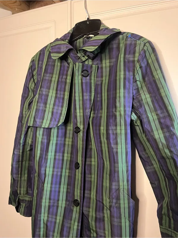 Vintage Jeffrey Banks Plaid Trench Coat Longline Belted Green Purple Size M - Image 8