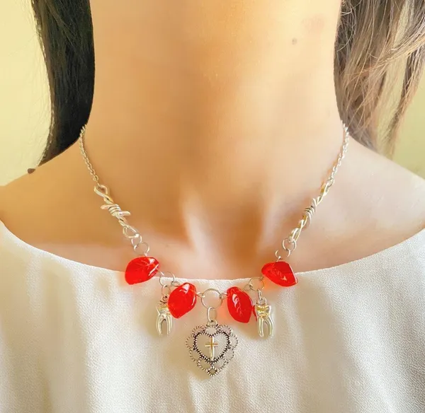 goth punk grunge style heart cross & teeth& red Czech glass leaf necklace💀🌹✝️🦷 - Image 2