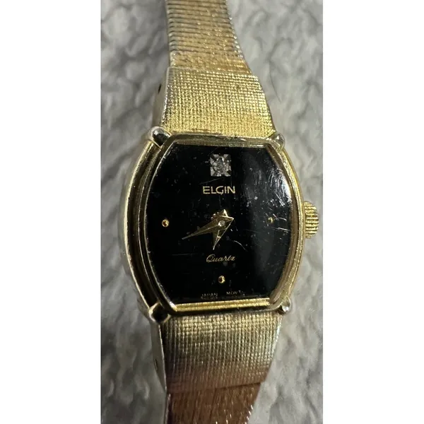 Elgin EK228-008 Quartz Women's Gold Tone Black Face Diamond‎ Accent Tank Watch - Image 7
