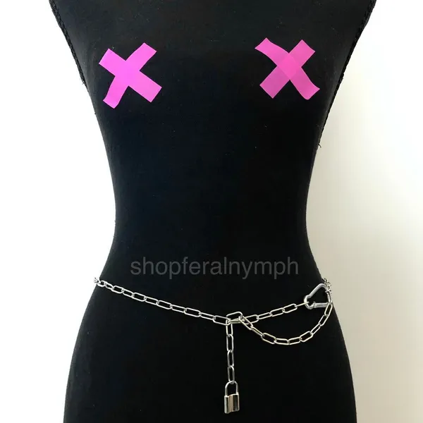 Vintage Y2K Cyberpunk Silver Padlock Chain Belt, Fits Up to 37 Inches, X7GA1226 - Image 5