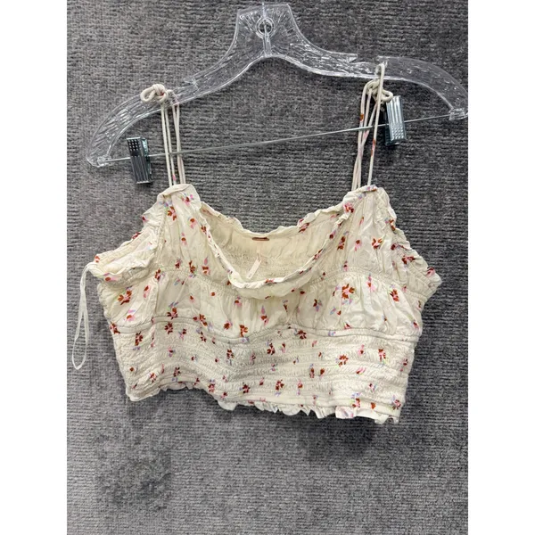 Free People Crop Top Womens S White‎ Floral Smocked Ruffle Boho Summer Tank - Image 4