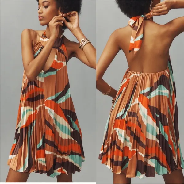 Anthropologie Hutch Halter‎ Pleated Swing Mini Dress Orange Blue Brown M NWT - Image 2