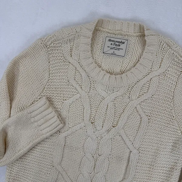 Abercrombie Fitch Cream Cable Fisherman Knit‎ Crew Neck Sweater Women Size L - Image 2