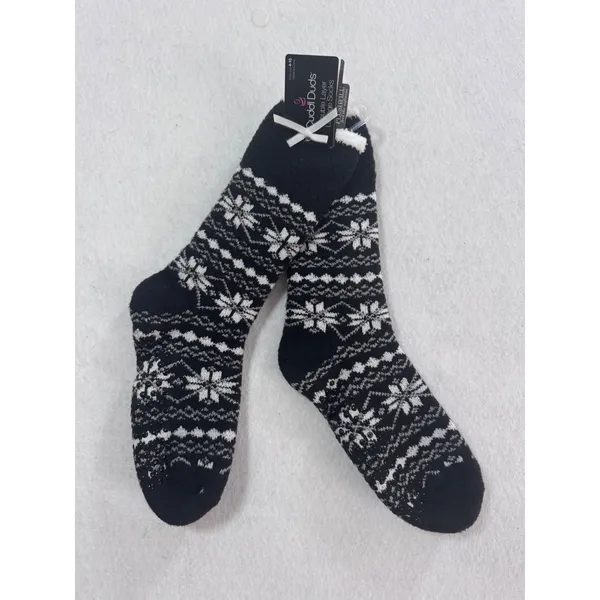 Cuddl Duds Women Black White Fair Isle Snowflake Plush Double Layer Lounge Socks - Image 2