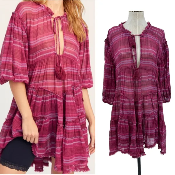 Free People Gianna Striped Tunic Dress Tasseled Pink‎ Size Small - Image 2