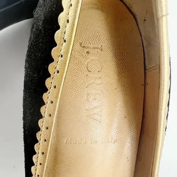 J. Crew Vintage Isabella Black Suede Gold Trim Peep Toe Heels Shoes Women 8.5 - Image 11