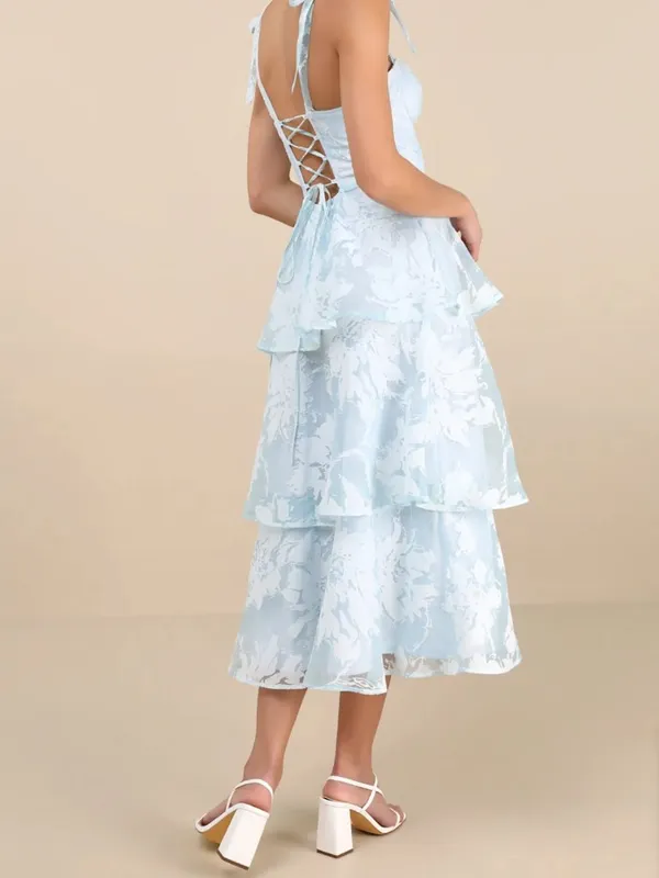 NWT Lulus Drayson Light Blue Floral Burnout Tie-Strap Tiered Midi Dress Sz Small - Image 2