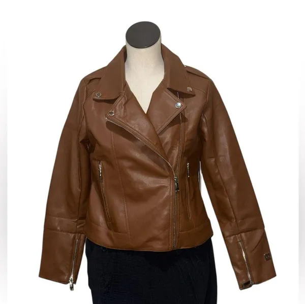 NWT Nicole Miller New York Faux Leather Motorcycle Jacket In Cognac Medium - Image 2