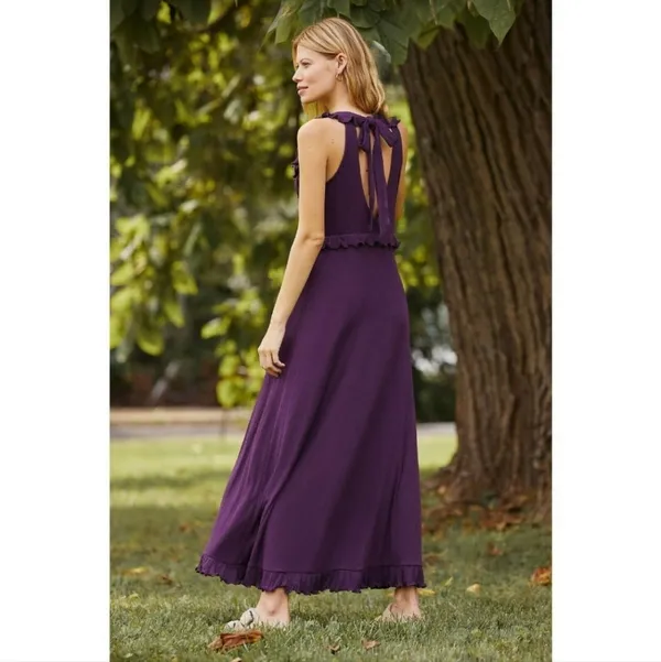 Anthropologie Deep V Ruffled Maxi Dress Adjustable Back Tie Dark Purple … - Image 4