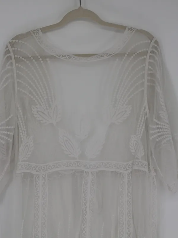 Cupshe Ivory Floral Lace Boho Kimono Maxi Swim Cover Up Long Sheer Mesh Medium - Image 12