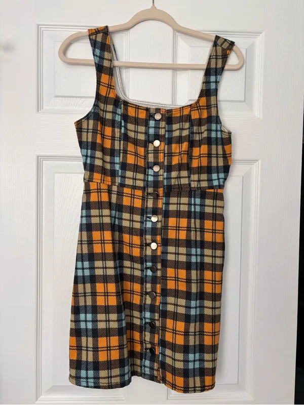 Urban Outfitters Women's Dress Sleeveless Button Down Denim Brown Plaid Size 6 - Image 2