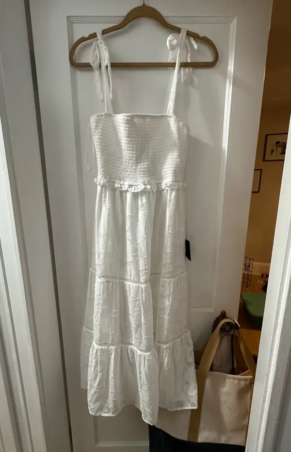 Lulu’s Float to Love White Jacquard Smocked Tie-Strap Midi Dress - Image 7