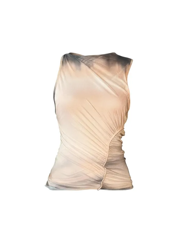 ZARA Sheer Ruched Sleeveless Tank Top Beige Mesh - Image 2
