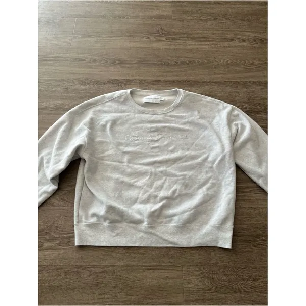 Calvin Klein Jeans Pullover Sweatshirt Womens XL Light Gray Crewneck Logo Fleece - Image 2