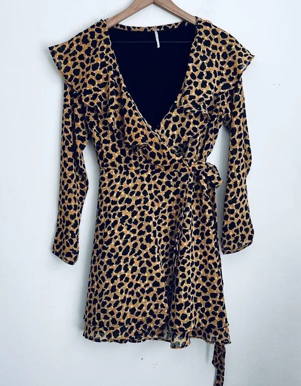 Frenchie Animal Leopard Print Wrap Dress Long sleeve boho S - Image 4