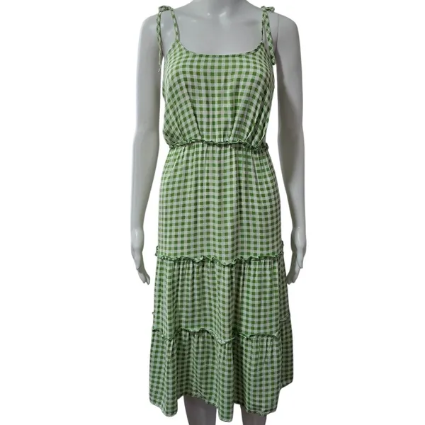 AS U Wish Gingham Smocked Tiered Midi Dress Green White Tie Shoulder Size L - Image 2