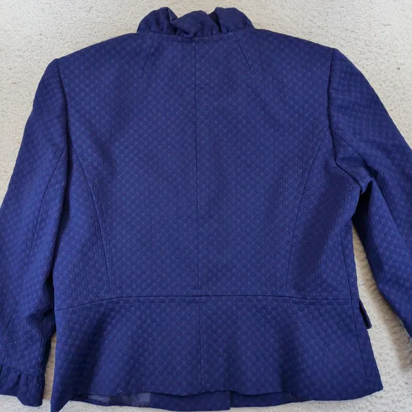 Vintage Tahari Levine Womens Blue Textured Ruffle Neck Button Blazer Jacket 10 - Image 4