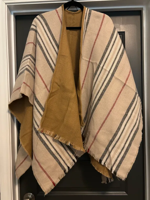 V. Fraas Cream Plaid Fringe Trim Shrug Poncho Sweater - Image 2