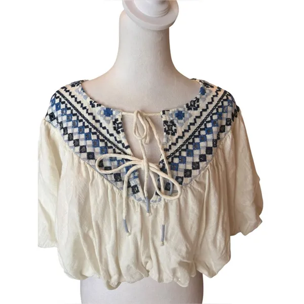 Free People Joni Top Boho Embroidered Puff Sleeve Cropped White Blue Women Small - Image 9