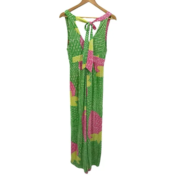 Lilly Pulitzer XS Silk Maxi Dress Green Pink Floral Boho Resort‎ Tie-Back V-Neck - Image 3