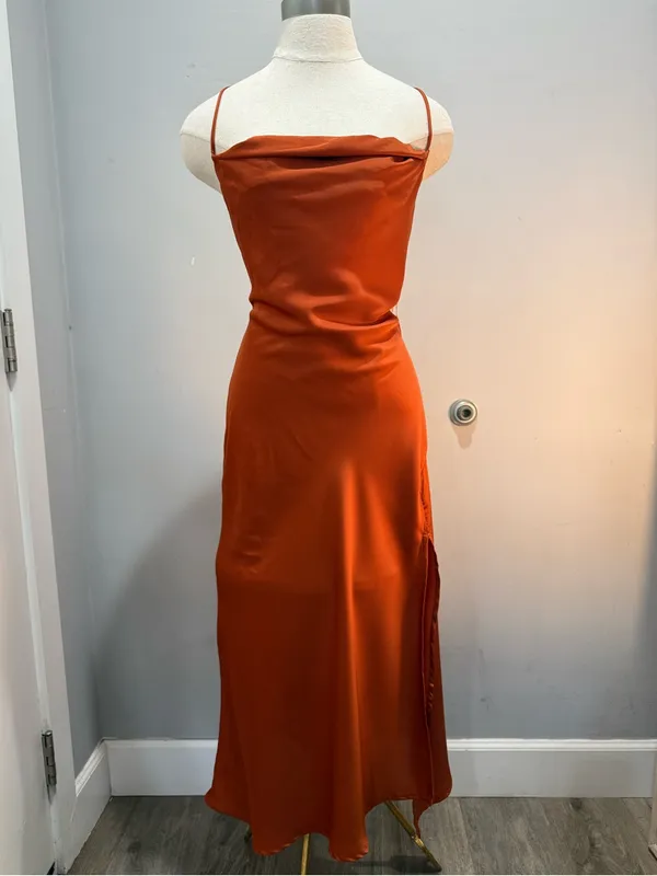 Astr Satin Gaia Midi Dress - Rust Orange - Image 5