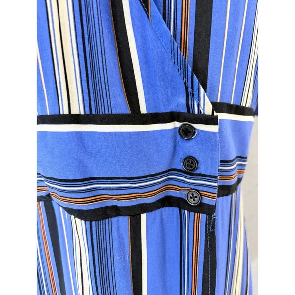 Band Of Gypsies Blue Striped Faux Wrap Dress Flutter Sleeve‎ Ruffle Hem L - Image 6