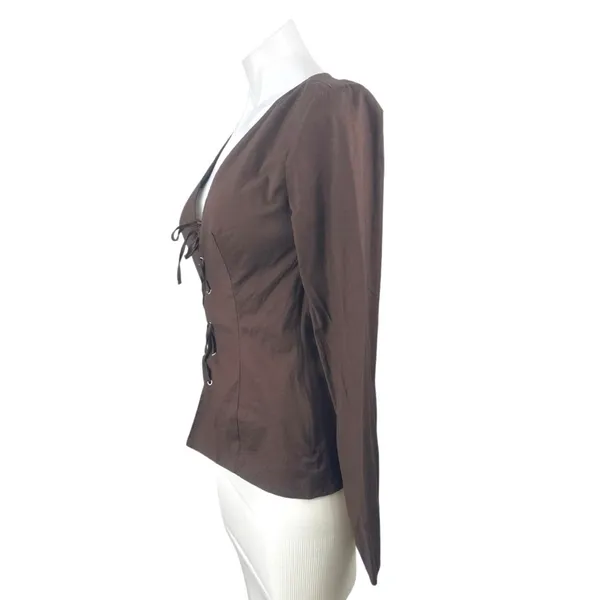 Reformation Caci Women's Brown Lace Up V Neck Long Sleeve Blouse Top Size 4 - Image 2