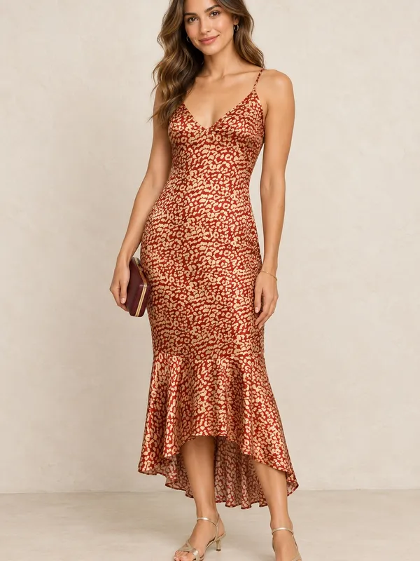 NWOT PrettyLittleThing Red Gold Leopard Satin High-Low Mermaid Maxi Dress US 6 - Image 9