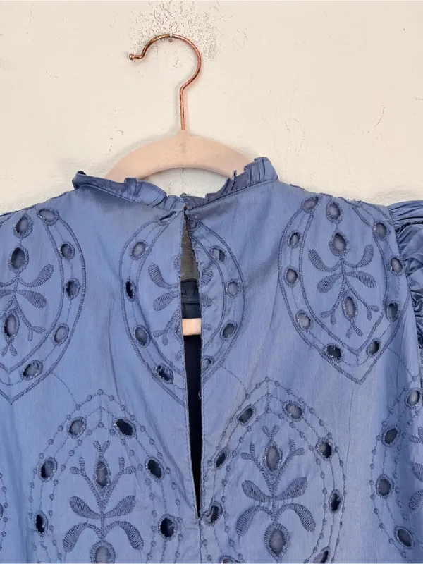 Zara Blue Floral Eyelet Mini Dress XS 100% Cotton Long Sleeve Cottagecore - Image 7