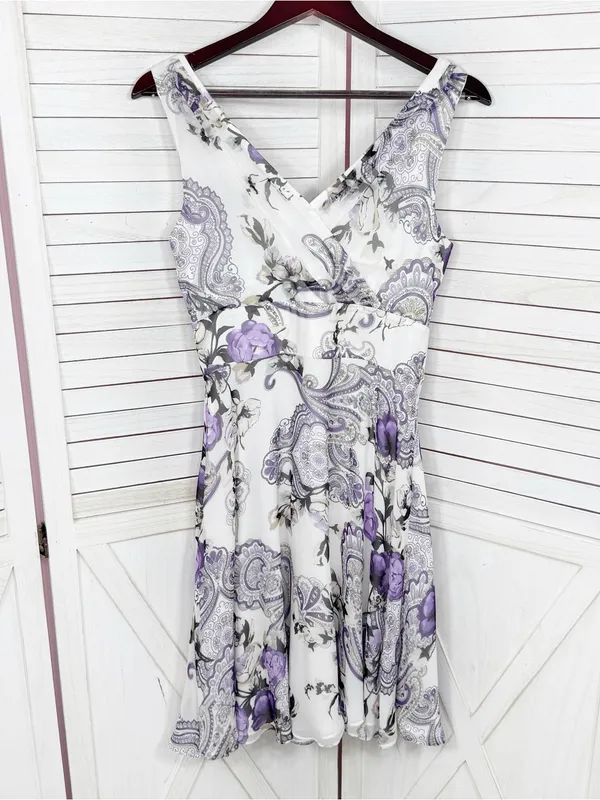 WHBM Floral Paisley Chiffon Fit Flare Sleeveless Dress White Purple Size 6 Fairy - Image 9