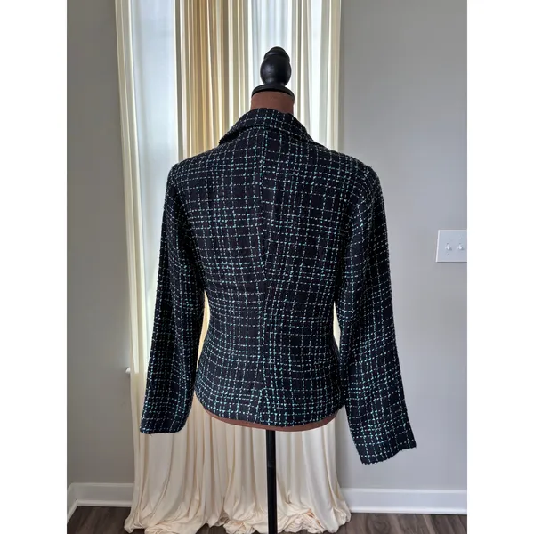 Y2K Tweed Blazer S Blue Plaid Floral Lapel Rosette Office Siren Whimsy Rom Com - Image 13