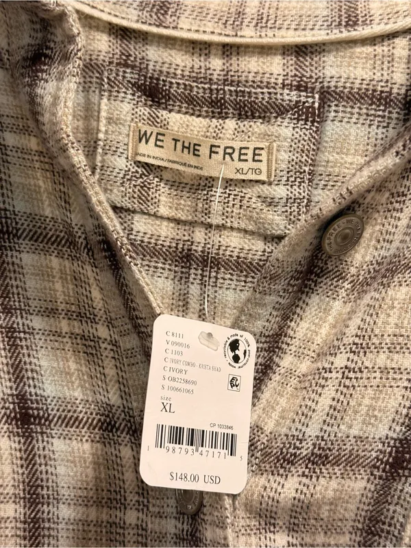 NWT We The Free Cream and Brown Plaid Button-Down Shirt Size XL - Image 5