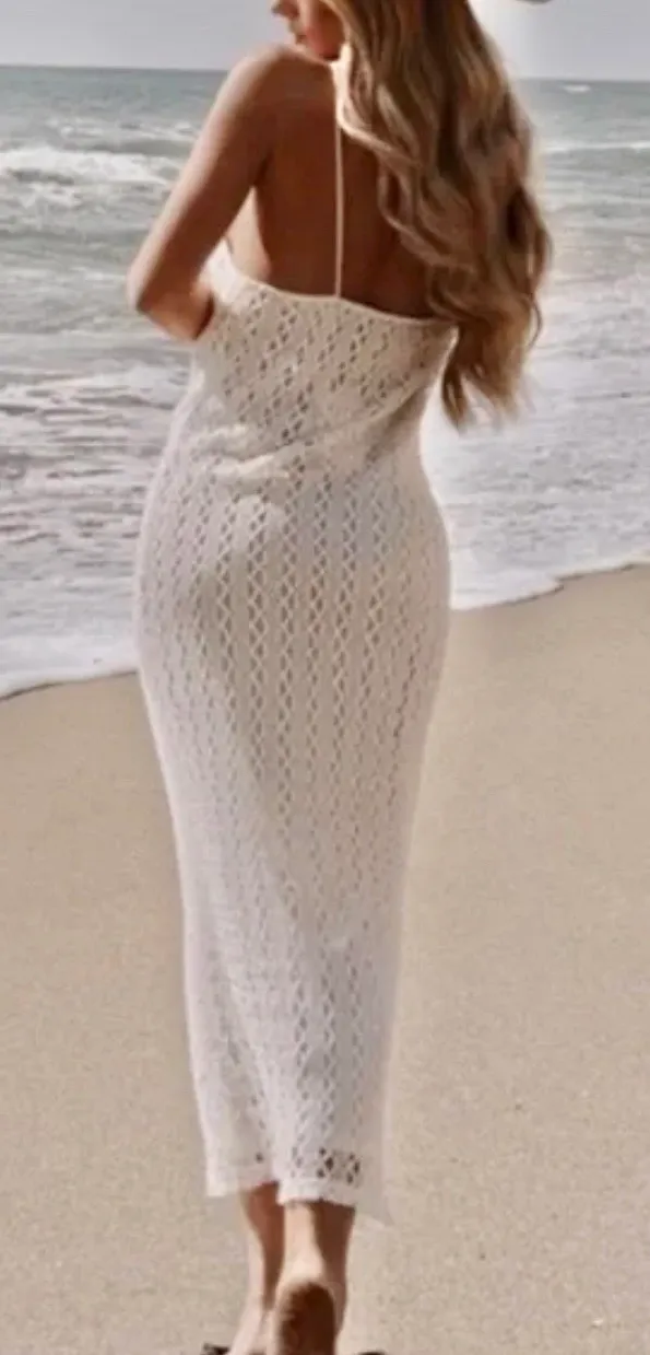 ZARA NWT BLOGGERS FAVORITE super BOHO ECRU BEIGE CROCHETED HALTER Maxi DRESS L - Image 4