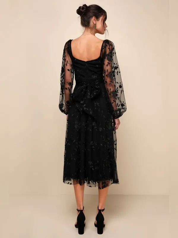 NWT Lulus Darling Charisma Black Mesh Embroidered Midi Dress S - Image 3
