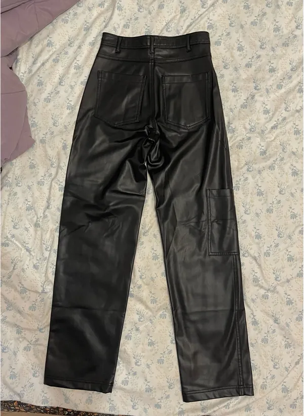 Zara Black Leather Straight Leg Pants - Image 2