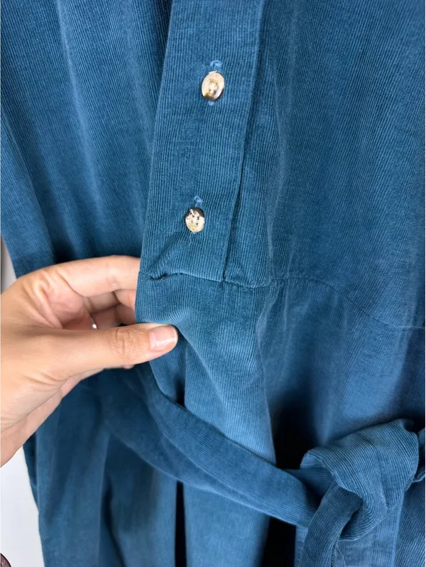 Gull Island Vintage Blue Corduroy Belted Shirt Dress Size 8 Puff Sleeve Midi - Image 7