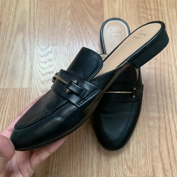 Women’s Black Slip On Mules Flats with Gold Buckle - Image 5