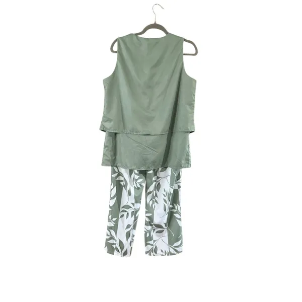 Women's Unbranded Green & White Leaf Print Wide Leg Pants Set, Size L - Image 12