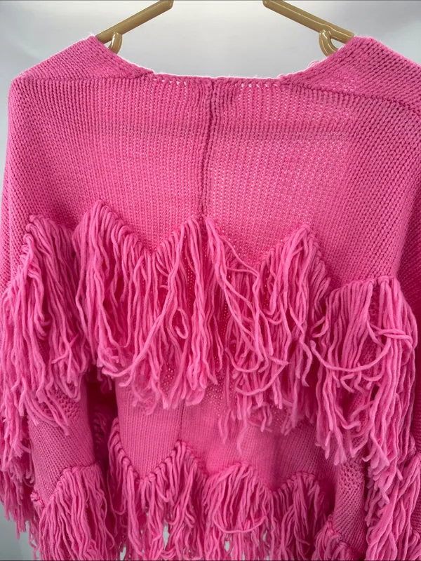 POL Pink Fringe open front oversized cardigan Sweater S boho casual fall winter - Image 3