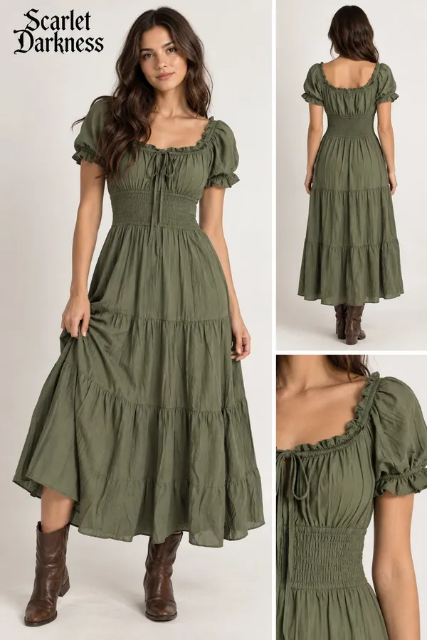 Scarlet Darkness Olive Green Cottagecore Renaissance Midi Dress M NWT - Image 2