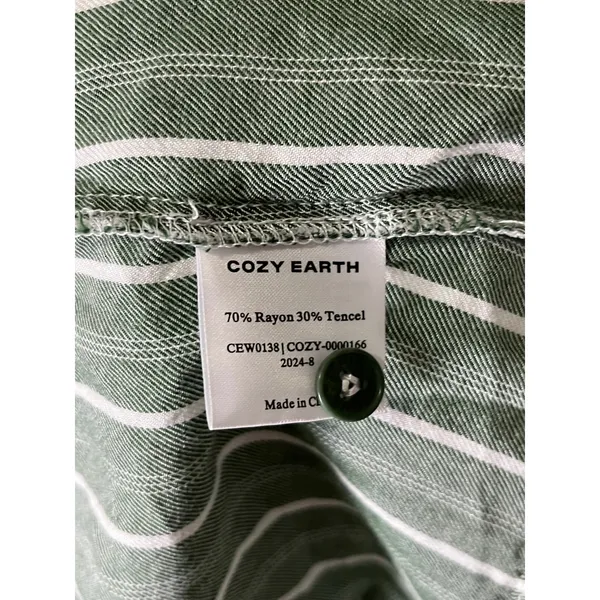 Cozy Earth Pajama Set Womens Large Green White Stripe Button Up Drawstring Pants - Image 10