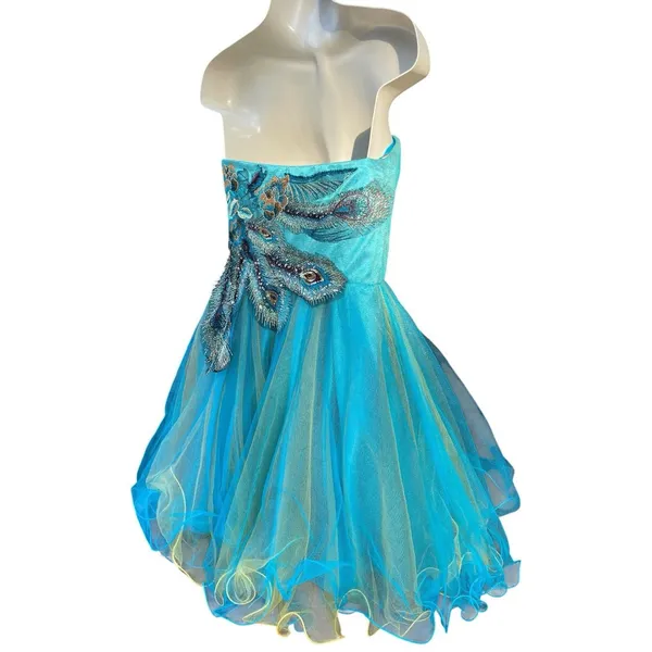 Whimsigoth Peacock Beaded Embroidered Corset Tulle Mini Dress Dave & Johnny Sz 0 - Image 6
