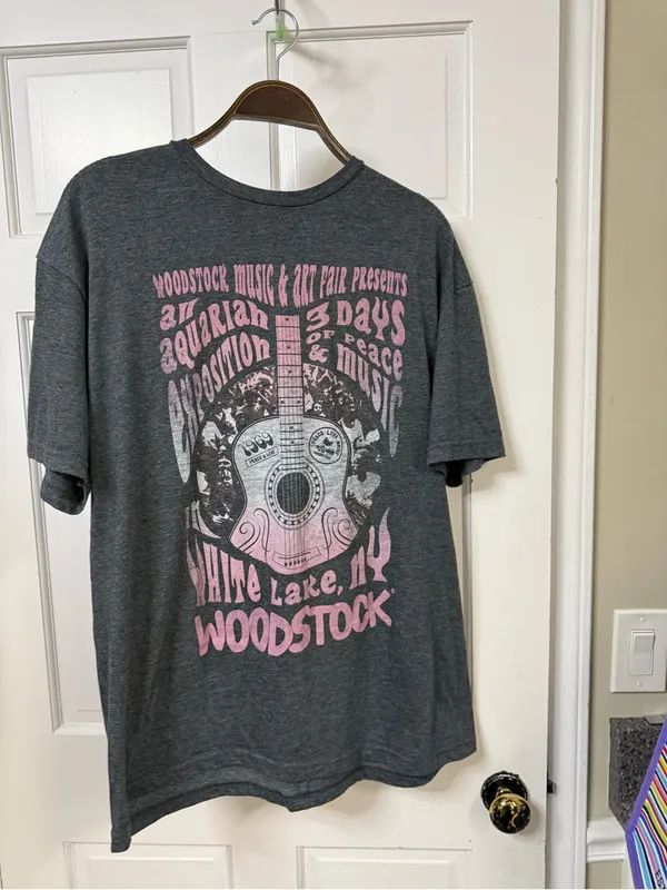 Vintage Woodstock Guitar Graphic Tee - Charcoal with Pink Print - Image 2