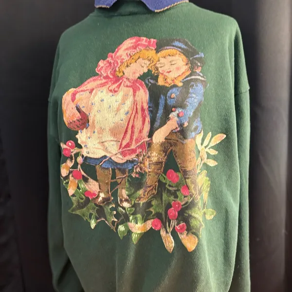 Vintage BJ Designer Victorian Children Christmas Sweatshirt Green XL - Image 2