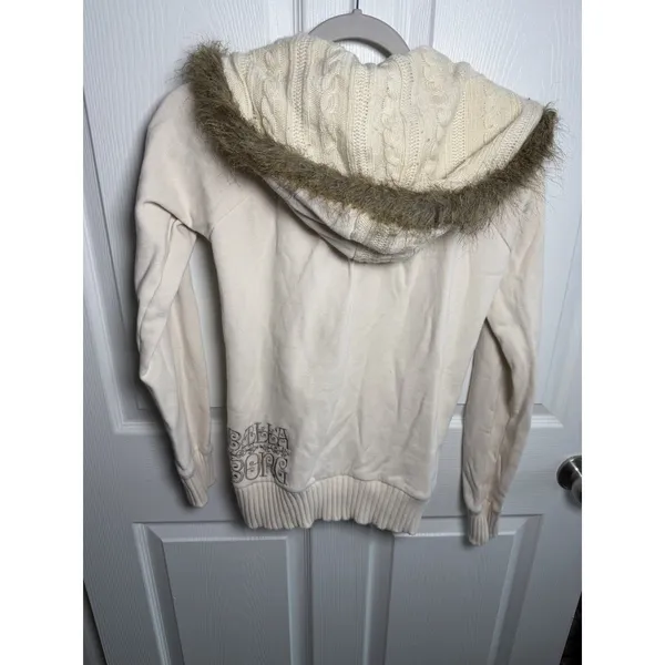 VTG Billabong Women's Y2K Zip Up Hoodie Faux Fur Lined Hood Cable Knit Medium - Image 7